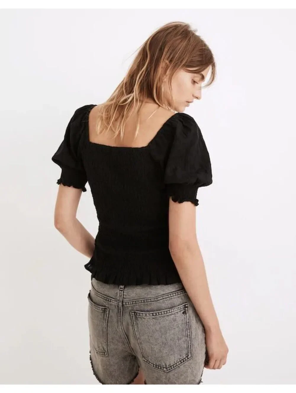 Madewell Lucie Puff-Sleeve Smocked Bodice Top Black Small